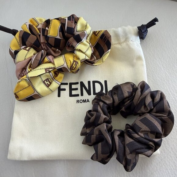 NWT Fendi Silk Zucca Ribbon Motif Hair Scrunchies Brown Yellow